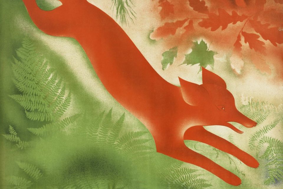 A graphic of an orange fox jumping through leaves