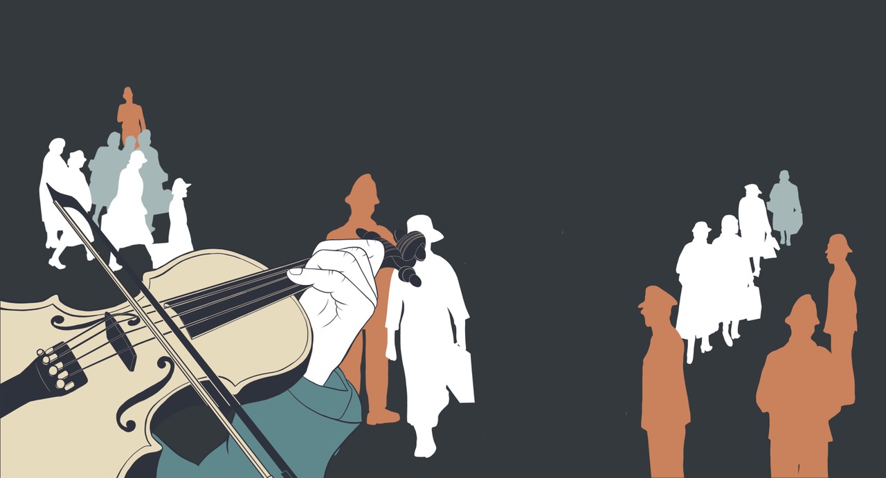 Silhouettes of people in the background in three different colours: white, orange, and grey. People appear to be heading in different directions and there is a violin in the foreground.